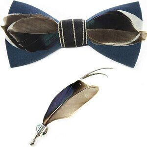 Men's Natural Feather Pre-Tied Bow tie & Lapel Pin